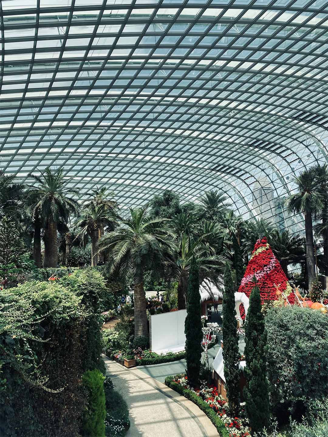 Pepohonan hijau nan rimbun di Flower Dome di Gardens by the Bay, dekat Marina Bay Sands