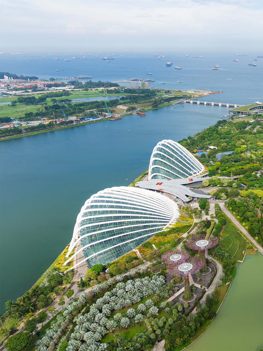 Pemandangan dari atas kubah di Gardens by the Bay di Singapura, dekat Marina Bay Sands