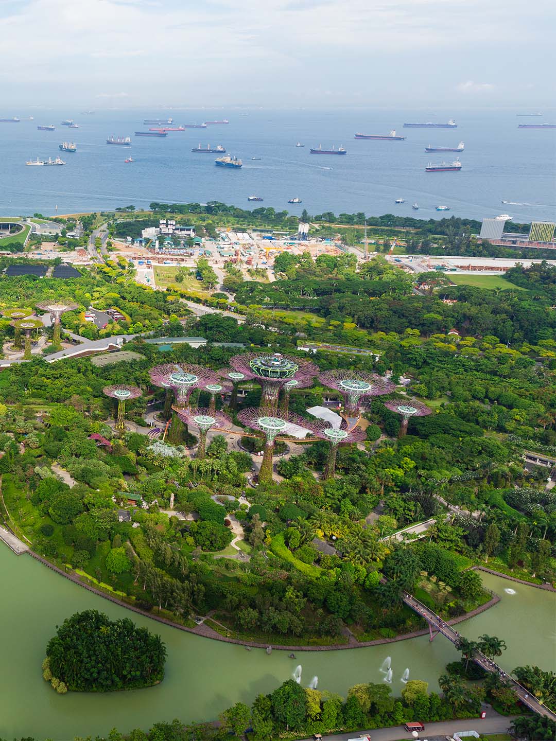 Pemandangan dari atas Supertrees di Gardens by the Bay, Singapura, dari puncak Marina Bay Sands