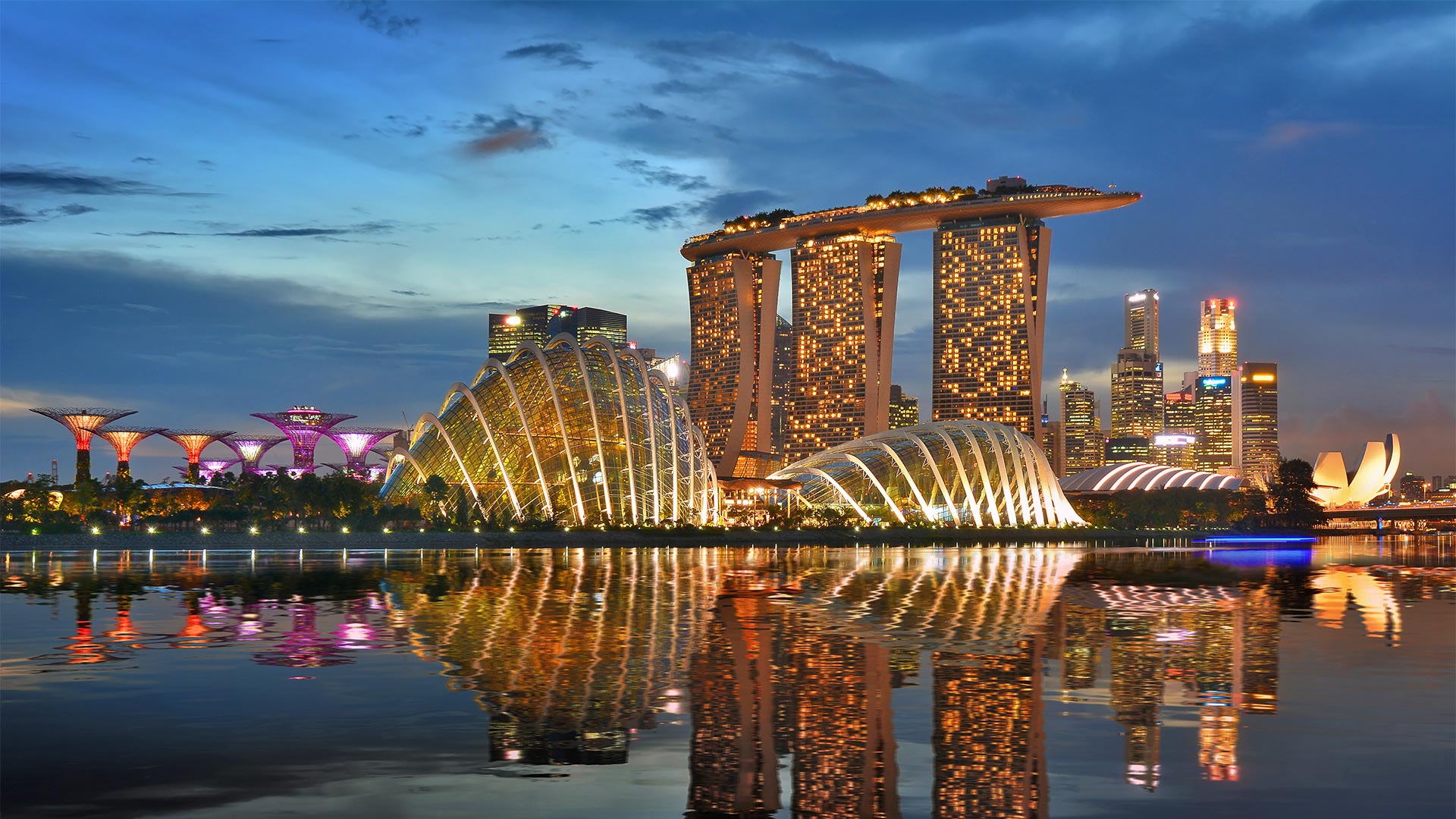 Marina Bay Sands dan kubah bunga Gardens by the Bay di malam hari di Singapura