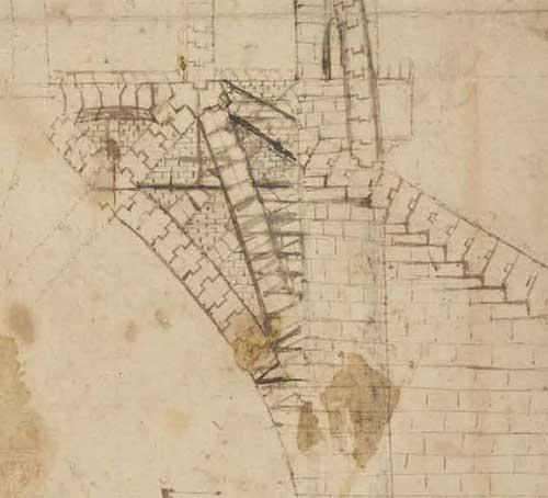 Bagian dari Tiburio Katedral Milan sekitar tahun 1487—1490 F.850 halaman ganjil dari Codex Atlanticus Leonardo da Vinci