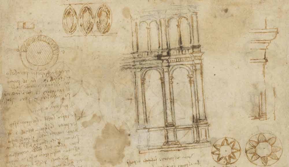 Sketsa Arcades sekitar tahun 1516 F.505 halaman genap dari Codex Atlanticus Leonardo da Vinci