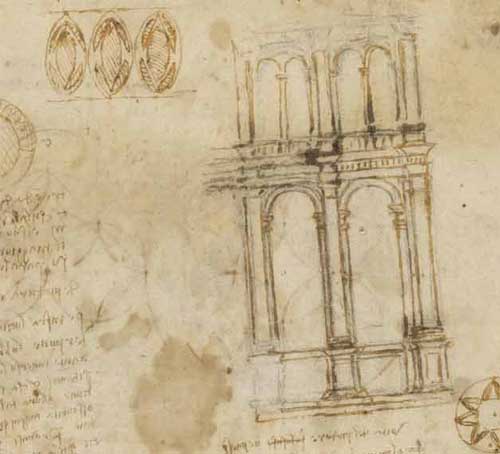 Sketsa Arcades sekitar tahun 1516 F.505 halaman genap dari Codex Atlanticus Leonardo da Vinci