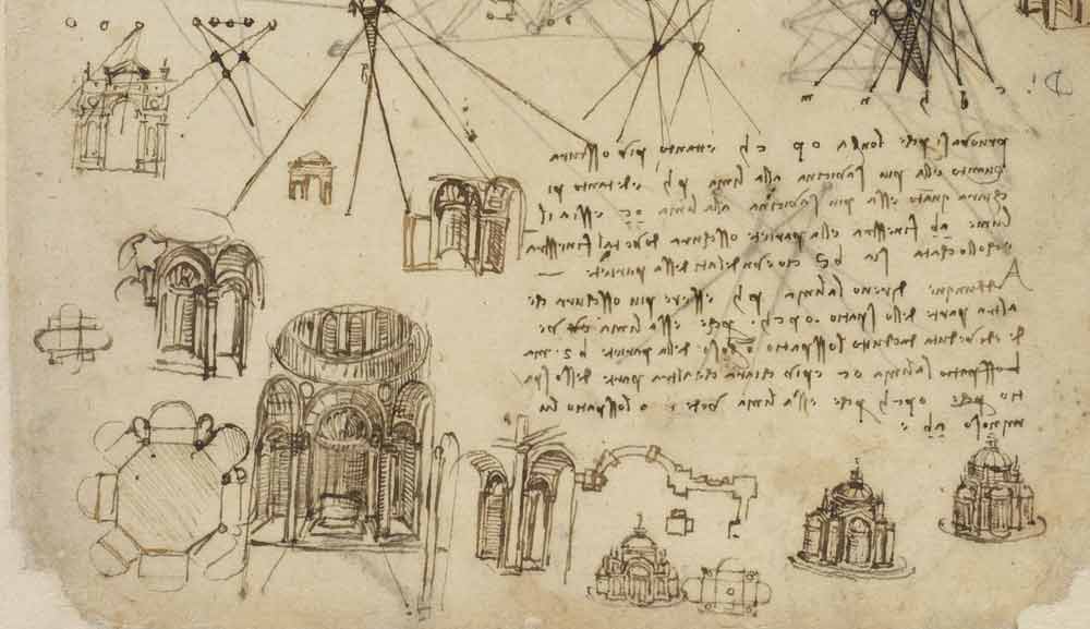 Studi terhadap Desain Gereja Terpusat sekitar tahun 1508 F.104 halaman ganjil dari Codex Atlanticus Leonardo da Vinci