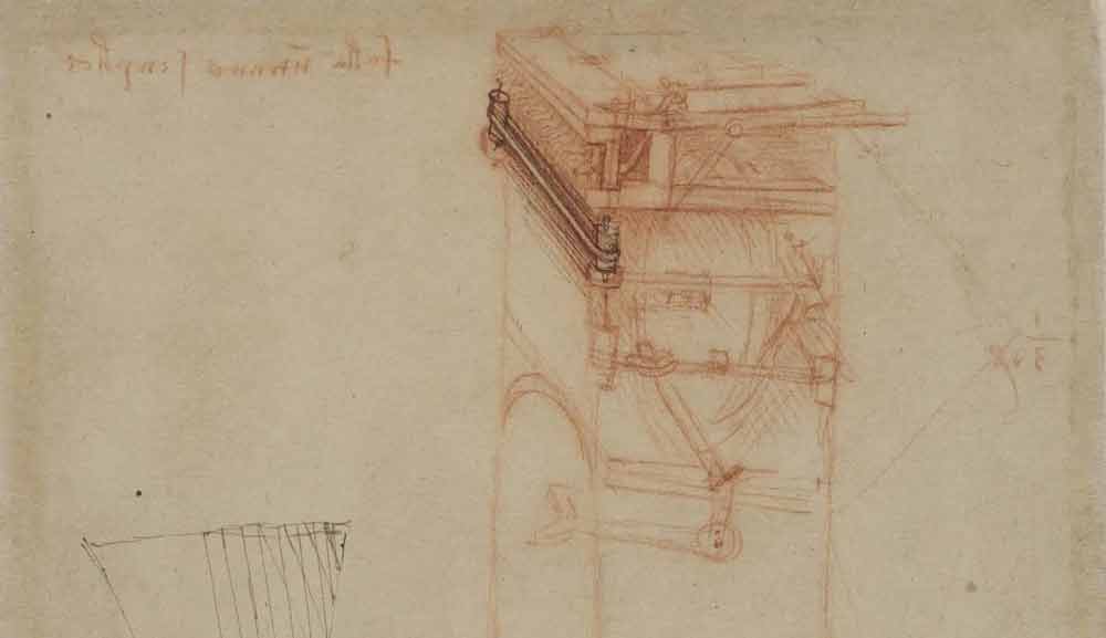 Detail dari Viola Organista sekitar tahun 1493—1495 F.568 halaman ganjil dari Codex Atlanticus Leonardo da Vinci