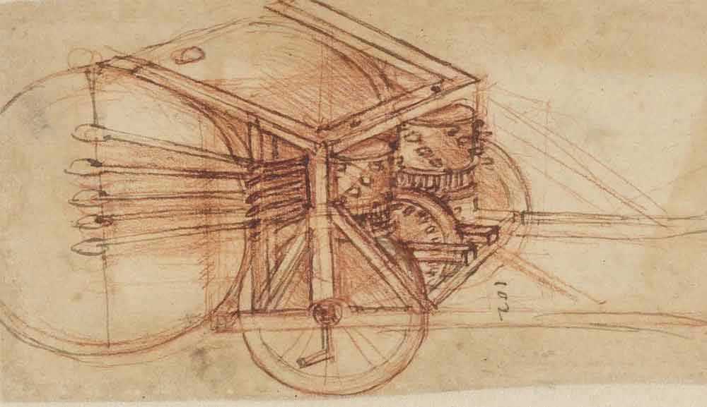 Drum Mekanis sekitar tahun 1503—1505 F.837 halaman ganjil dari Codex Atlanticus Leonardo da Vinci