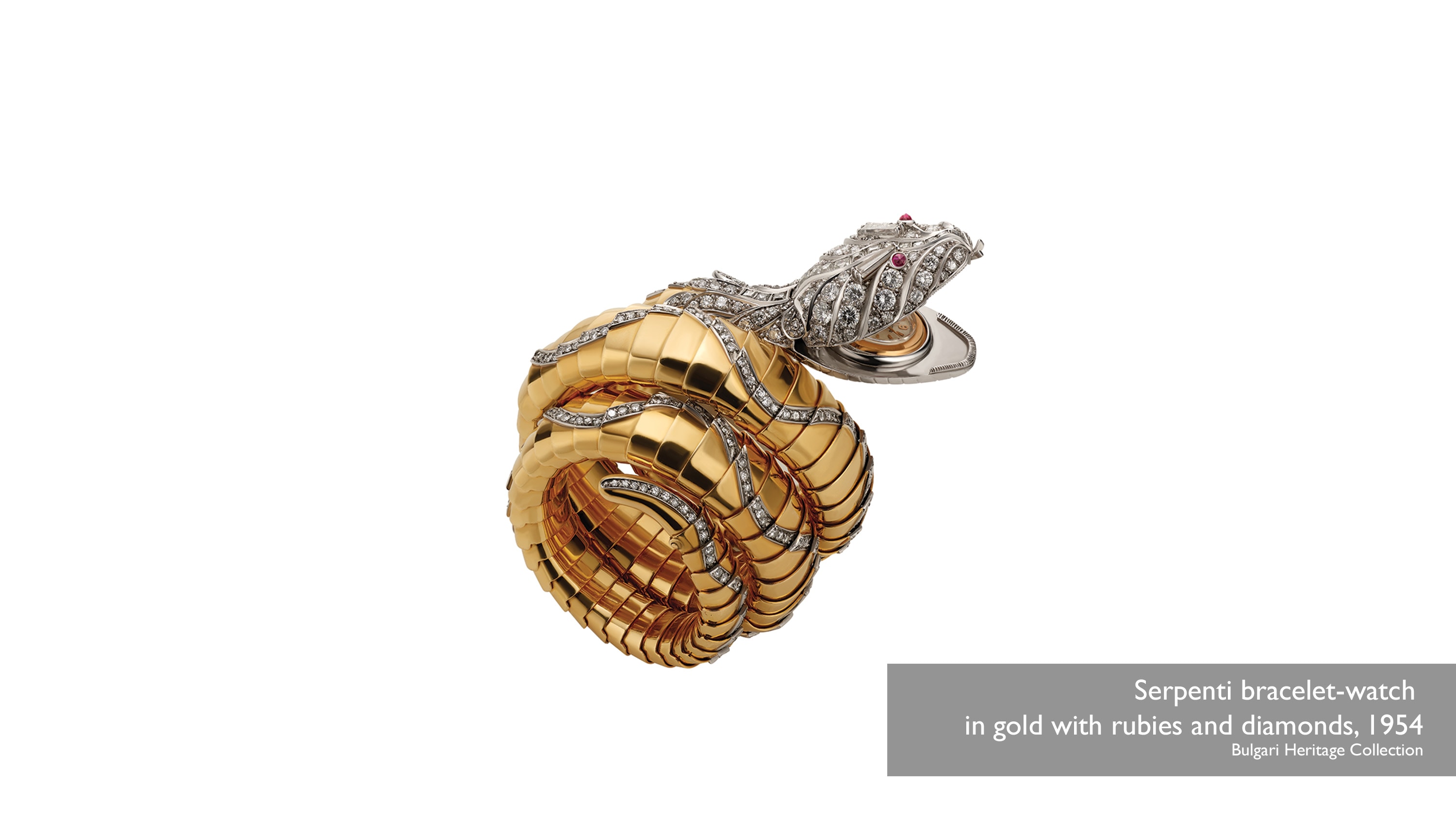 Gelang rantai emas Serpenti bertahtakan batu mirah delima dan berlian, Bulgari Heritage Collection 1954