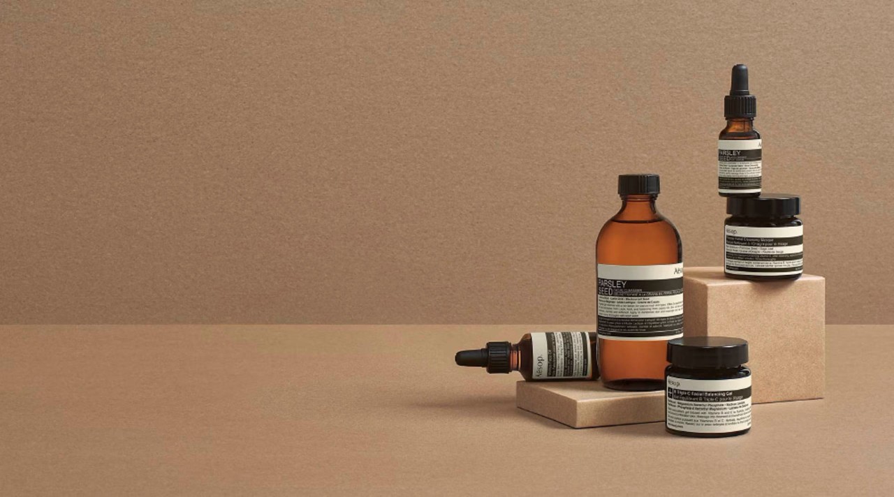 Bottles of botanical skincare items for self-care that can be found at Aesop